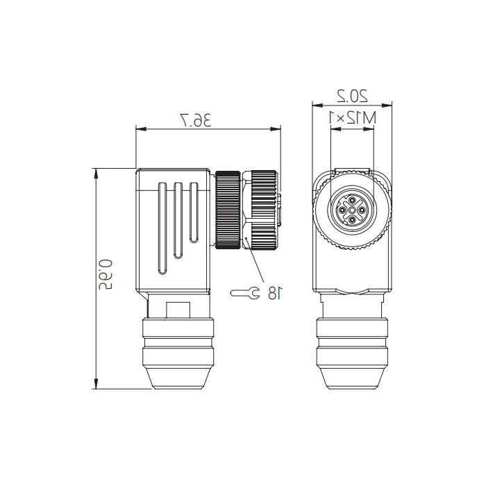 M12 4Pin、D-coded、Female 90°、Screw connection、Metal shielding、0CF141