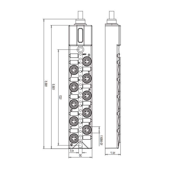 M8 Junction box、Single channel、PNP、10 port 、All-in-one、With LED、PUR flexible cable、Black sheath、23PA11-XXX